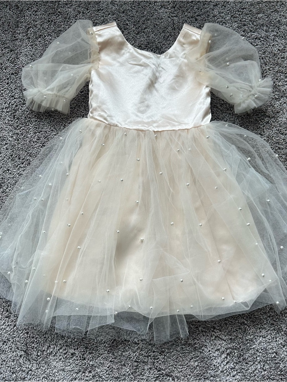 Girls Cream Pearl-Embellished Tulle Party Dress